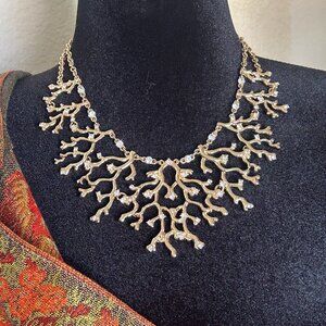 White House Black Market (WHBM) Gold Coral Branch Rhinestone Statement Neclace